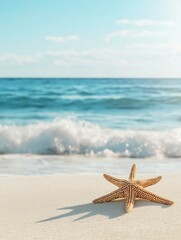 Photograph of a starfish on a sandy beach. the starfish is in the foreground of the image, with the ocean in the background.