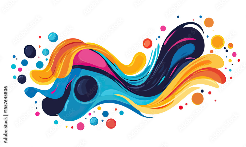 Poster colorful abstract liquid splash flow with curved wave shapes and paint droplets in dynamic motion on
