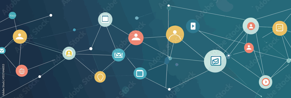 Aufkleber abstract social network connection banner with colorful user icons, communication symbols, and netwo