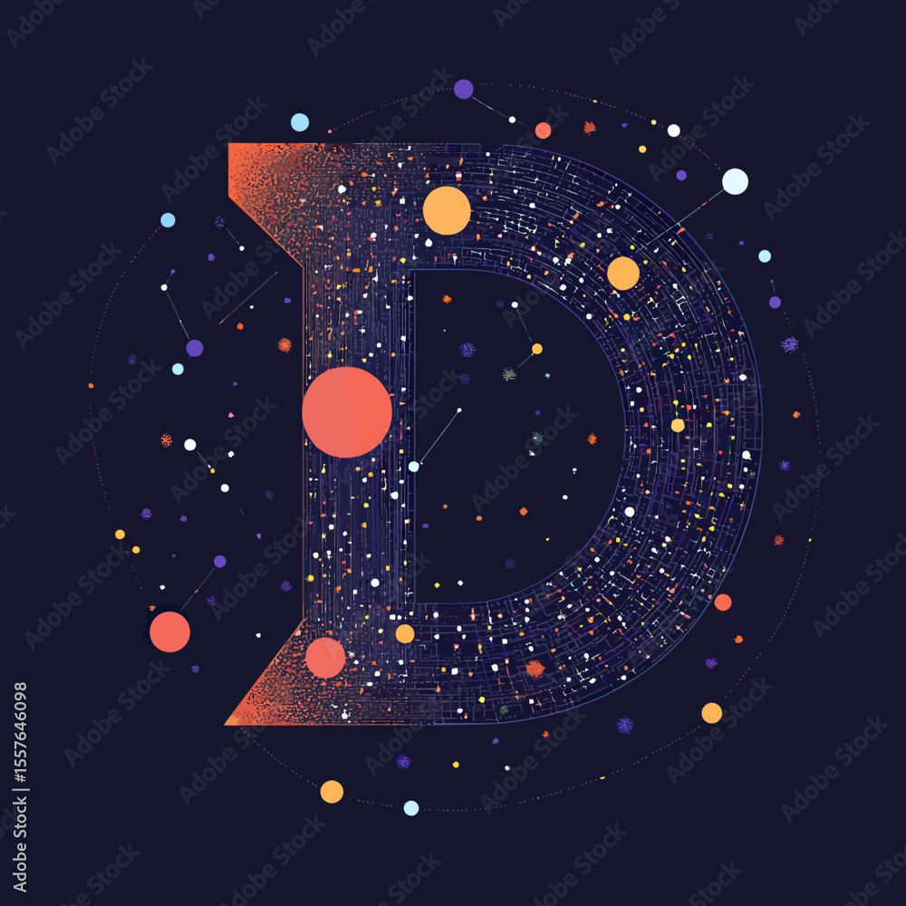 Poster abstract letter d composed of celestial bodies and star constellations with planets and cosmic dots 