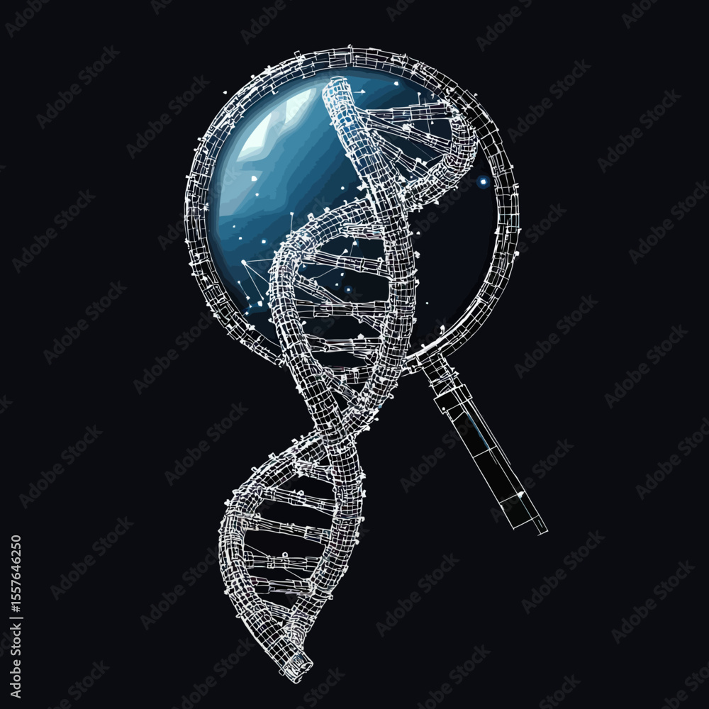 Poster 3d wireframe dna double helix and magnifying glass polygonal molecular structure analysis science co