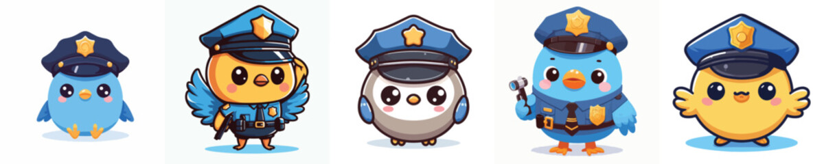 cute bird dressed as police icon set