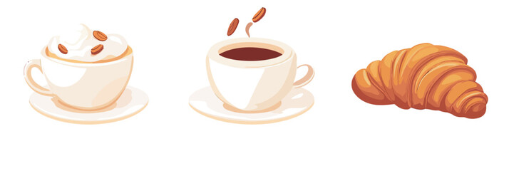 Cup of cappuccino with whipped cream and coffee beans, black coffee in white cup with floating beans, golden croissant side view flat minimalist vector illustration