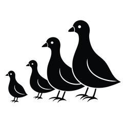 Four black silhouette ducks of varying sizes in a row