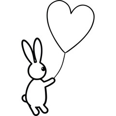 Cute cartoon bunny holding a heart shaped balloon with a simple outline drawing