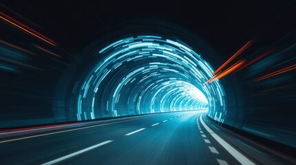 Tunnel with blue lights spiraling overhead road leading to a bright light at the end