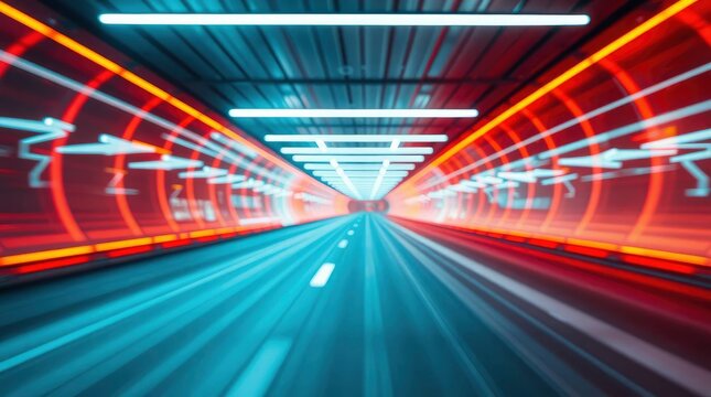 Tunnel with neon arrows  lights on asphalt road motion blur effect