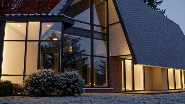 Modern architectural design showcases a stunning glass and brick home illuminated at dusk in a serene setting