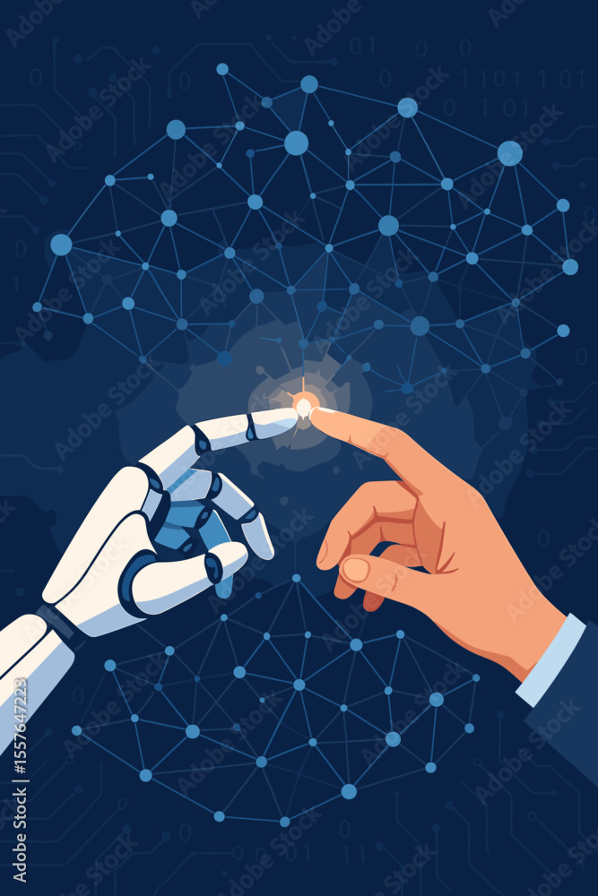 Poster ai concept of robot and human hands touching. symbol of machine learning, deep learning, big data, a