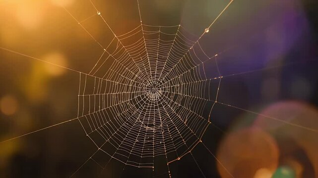  A photorealistic image of a dew-covered spider web in the morning sunlight, with a blurred background  Spider web