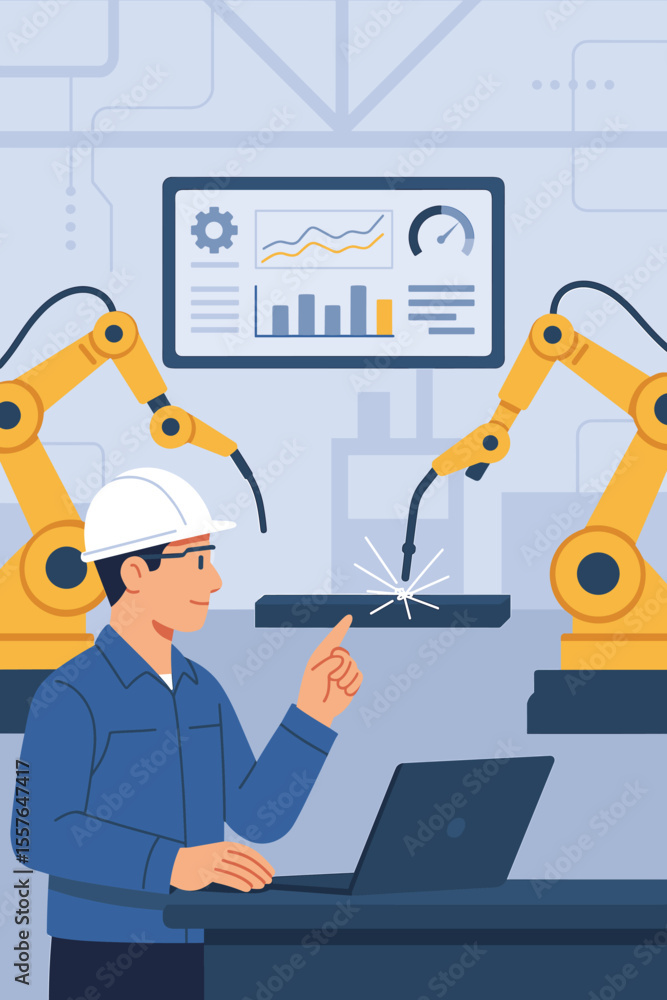 Aufkleber engineer controls welding robotic arms with a laptop in a smart factory. industry 4.0 automation con