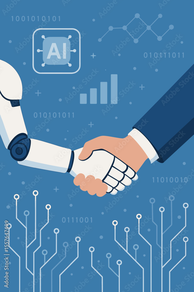 Poster robot and human handshake vector. ai collaboration and business partnership concept. artificial inte