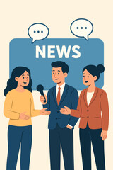 News reporter conducting an interview with a microphone. Journalist talking to two women. Media communication, broadcasting, and public relations concept. Modern flat vector illustration.