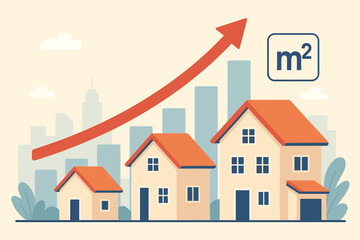 Real estate business concept with houses and a rising arrow graph showing housing market growth. Illustration of increasing property value and rising square meter prices. Vector cartoon.