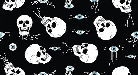 Artistic Skull and Cybernetic Eye Pattern Design With Abstract Digital Elements