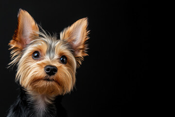 Naklejka premium Tiny Yorkshire Terrier puppy with silky fur, looking straight at the camera, isolated from any background. 