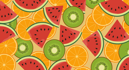 Vibrant Fruit Medley Watermelon Kiwi and Orange Slices in a Colorful Pattern.