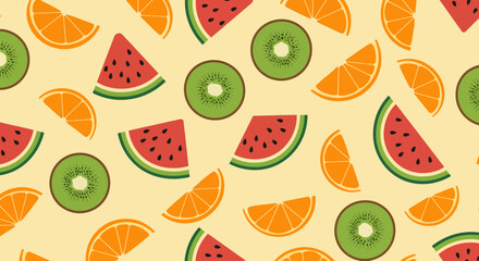 Vibrant Fruit Pattern Sliced Oranges Watermelon Wedges and Kiwi Discs.