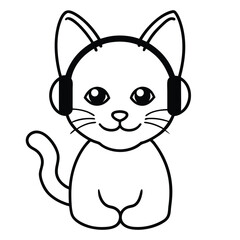 Cute cartoon black and white cat wearing headphones listening to music
