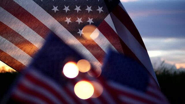 Happy 4th of July, sparklers, Fireworks Celebration. Defocus sparkler firework, USA American Flag waving sunset outdoor dark background. Concept fourth of July, USA, Freedom, Independence Day