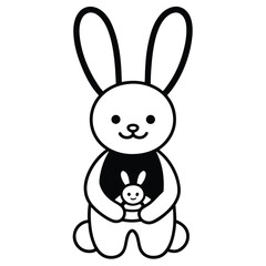 Cute cartoon black and white bunny holding a smaller bunny in its pouch