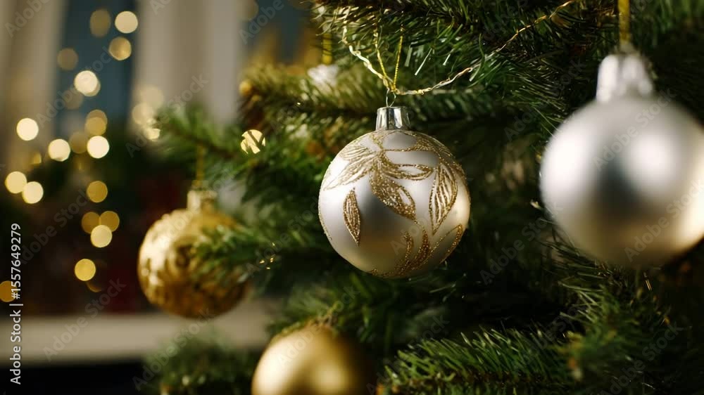 Aufkleber elegant gold and silver christmas tree decorations with twinkling lights creating a festive and cozy