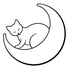 Cute simple line art drawing of a sleeping cat resting on a crescent moon