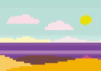 pixel art landscape vector illustration background with lake