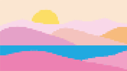 sunset pink pixel art landscape vector illustration background
