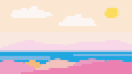 morning sunset pixel art landscape vector illustration background
