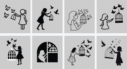 Silhouette of Girl Releasing Birds from Cage at Sunset