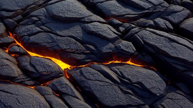 Extreme close-up of glowing molten lava flowing between cracks in dark, solidified volcanic rock
