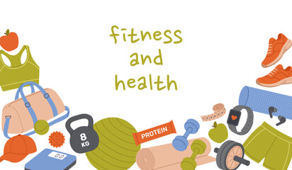 Fitness and health horizontal banner with composition of sports equipment. Healthy lifestyle elements. Template for postcard, poster, flyer, social media. Vector flat illustration on white background