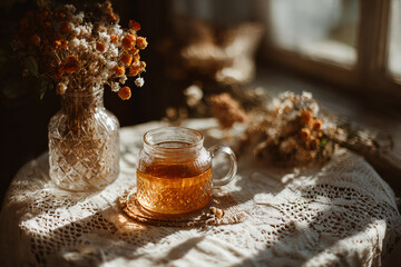 Relaxing afternoon tea with dried flowers in a cozy setting Generative AI