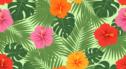 Vibrant hibiscus blossoms and tropical palm fronds create a lush colorful pattern.
