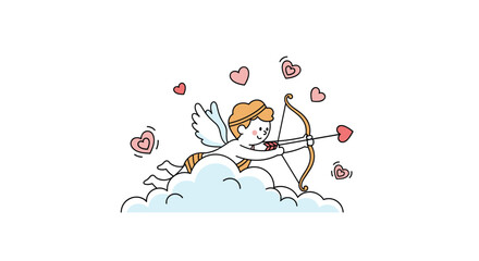 Charming Cupid Aiming His Arrow of Love from a Fluffy Cloud surrounded by Hearts and Roses