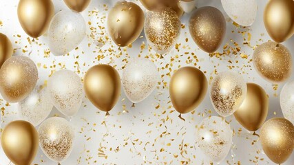 Luxury celebration banner with realistic golden and white balloons and falling confetti on a white background with copy space.Festive background for a birthday, anniversary, or New Year's party - Powered by Adobe