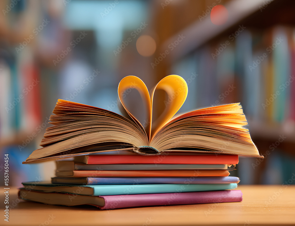 Poster love story book with open page of literature in heart shape and stack piles of textbooks on reading 