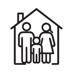 Simple Black and White Icon Depicting a Family with a Mother Father and Child Standing in Front of a House