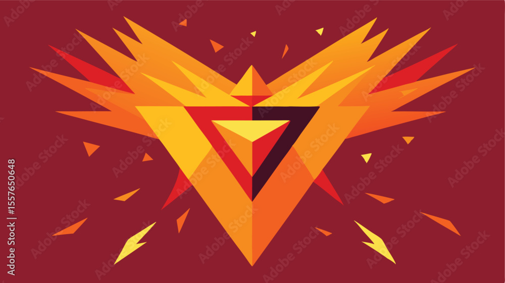 Poster geometric abstract phoenix design with warm color palette and bursting triangle elements