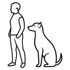 Simple line art illustration of a person standing next to a sitting dog