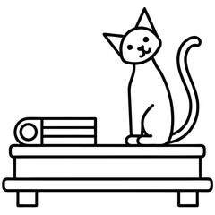 Cute cartoon cat sitting on a table next to a stack of books