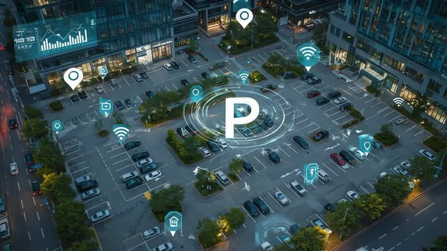 Aerial view of a parking lot overlaid with digital icons and data visualizations
