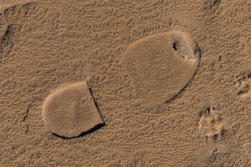 Texture of sand and earth, traces of human feet and shoes