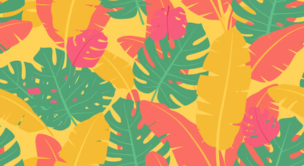 Vibrant Tropical Foliage Pattern with Monstera Banana and Palm Leaves.