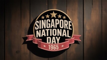 Singapore National Day 1965 Vintage Badge Design with Stars and Ribbon on Wooden Background
