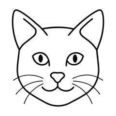 Simple black and white outline drawing of a cute cat face with whiskers