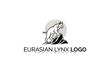 Obraz premium Elegant Eurasian Lynx Logo Design with Mountain Reflection in Water. Perfect for Eco Lodging Branding, National Lake Park Identity, and Calm Nature-Inspired Products.