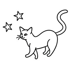 Whimsical black and white line drawing of a curious cat with stars