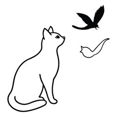 Simple black and white line drawing of a curious cat watching a bird in flight